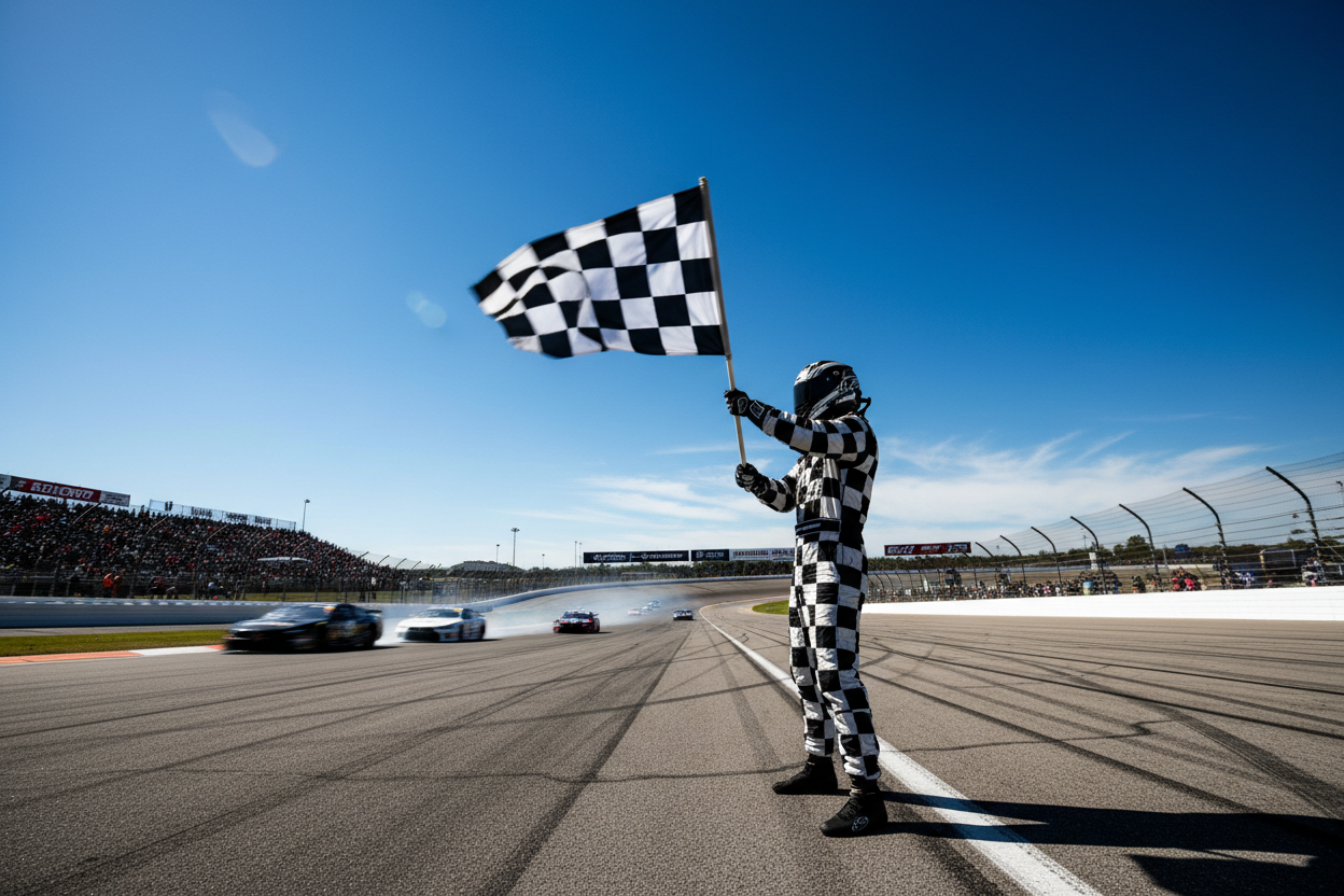 person waving a flag next to an oval racetrack 